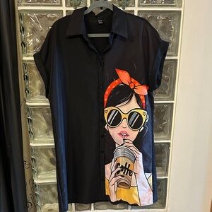 SHEIN Black Button Down Dress with Graphic Print